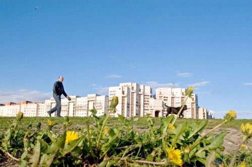 A man walks his dog in a strip of grass adjacent to the Gulf of Finland.